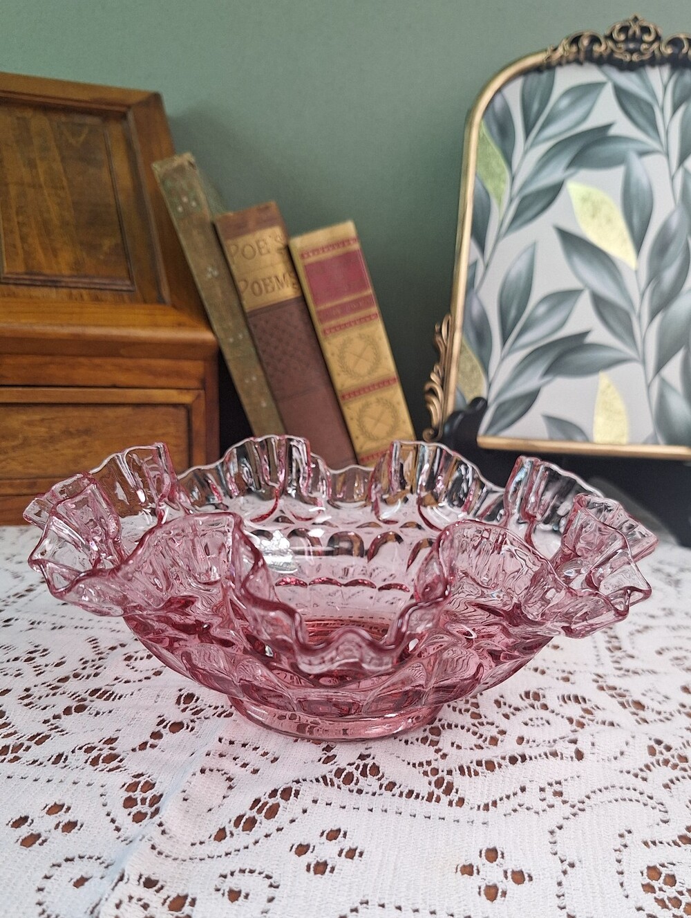 Fenton Dusty Rose Crimped Glass Bowl Candy Dish